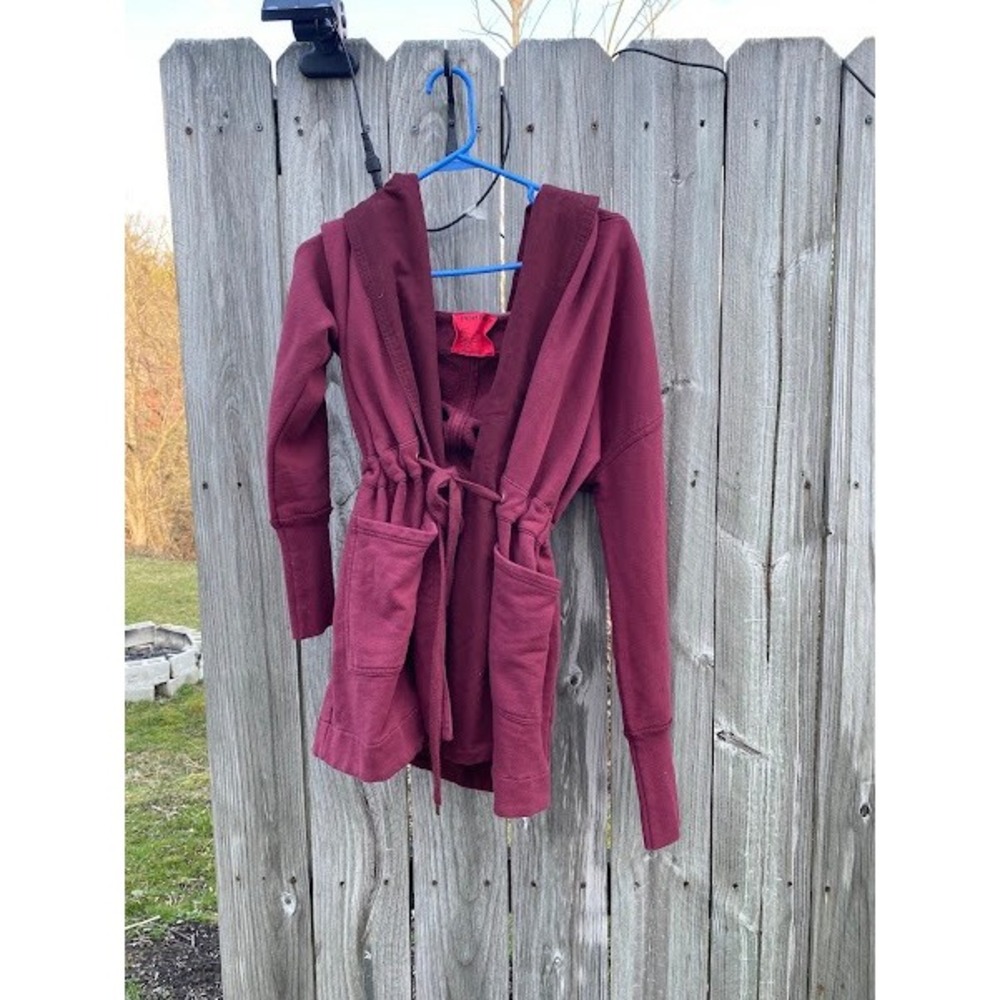 Emory Park Burgundy Open Front Hooded‎ Cardigan Cinched Waist Thumbholes Small